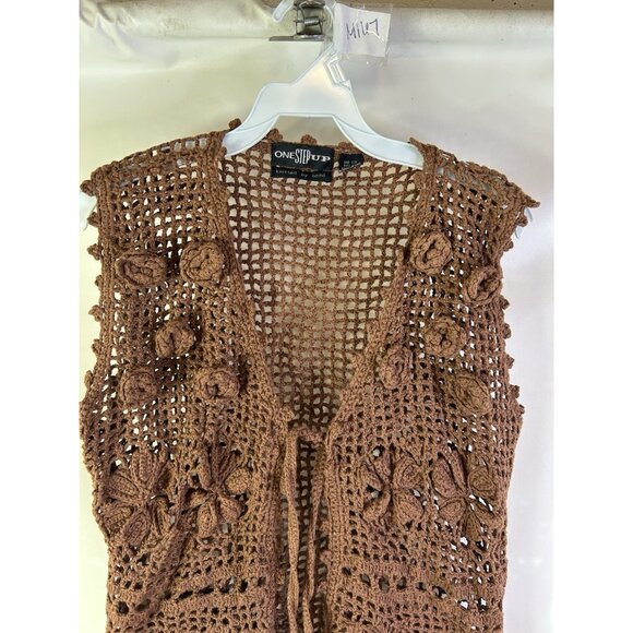 VTG 90s Hand Knit Crochet Floral Vest Shirt Boho Rave Coastal - Picture 3 of 8